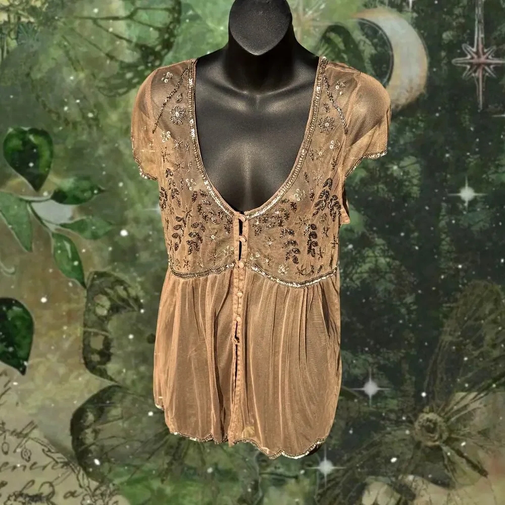 Y2K Beaded Mesh Fairy Top Sheer Brown Babydoll Cardigan